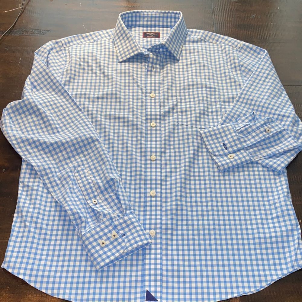 UNTUCKit Light Blue Gingham Men's large button down Shirt Steven’s slim fit